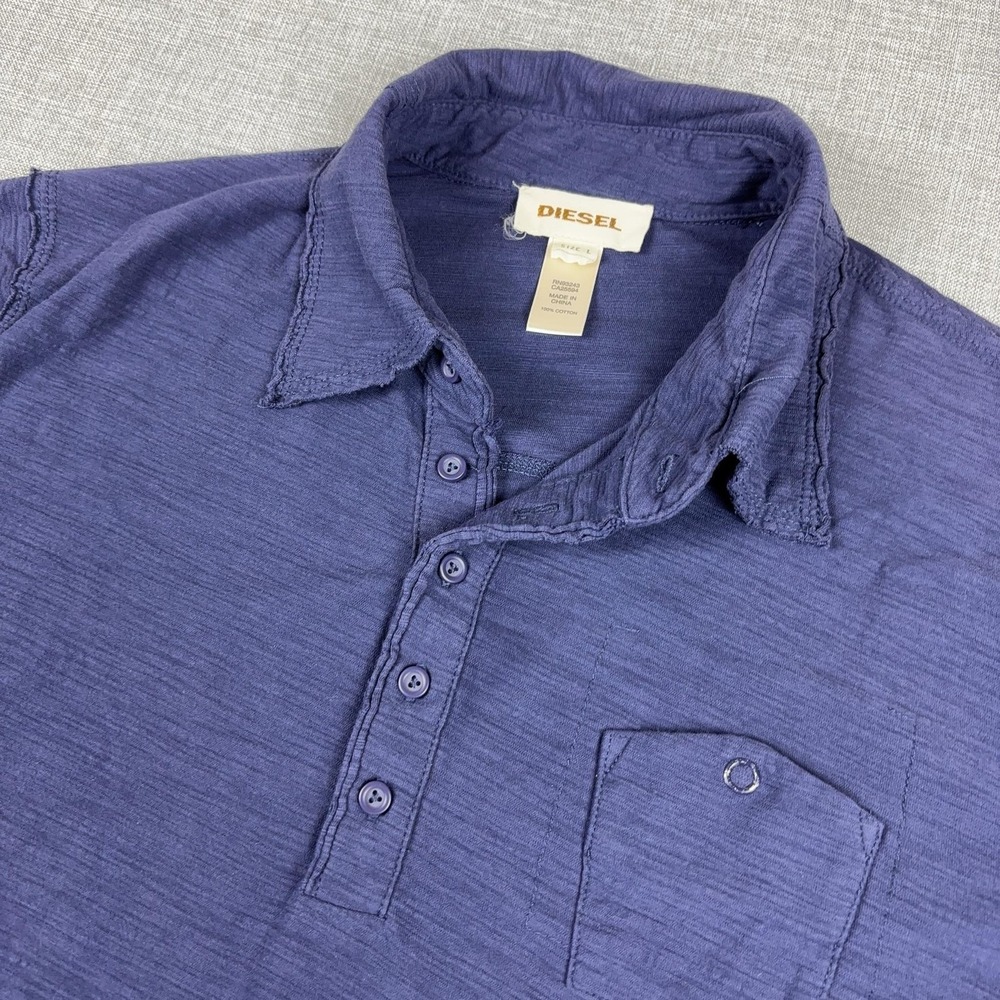 Diesel Polo Shirt Mens L Blue Slub Cotton Pocket Casual Short Sleeve Lightweight